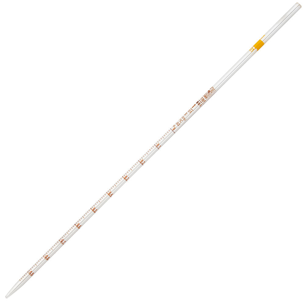 Globe Scientific 8510001A Pipette Serological Globe Glass Reusable 1mL To Deliver (TD) 0.01 Graduations Yellow Band ASTM E1044 6/Box