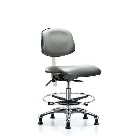 Blue Ridge Ergonomics NCR-VMBCH-CR-T1-A0-CF-RG-8840 Class 100 Vinyl Clean Room Chair - Medium Bench Height with Seat Tilt, Chrome Foot Ring, & Stationary Glides in Sterling Supernova™ Vinyl