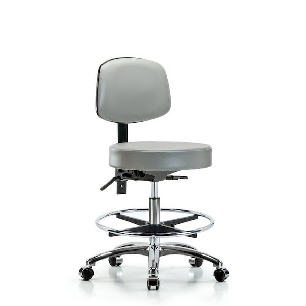 Blue Ridge Ergonomics VMBST-CR-T0-CF-CC-8567 Rutledge Vinyl Stool with Back Chrome - Medium Bench Height with Chrome Foot Ring & Casters in Dove Trailblazer™ Vinyl