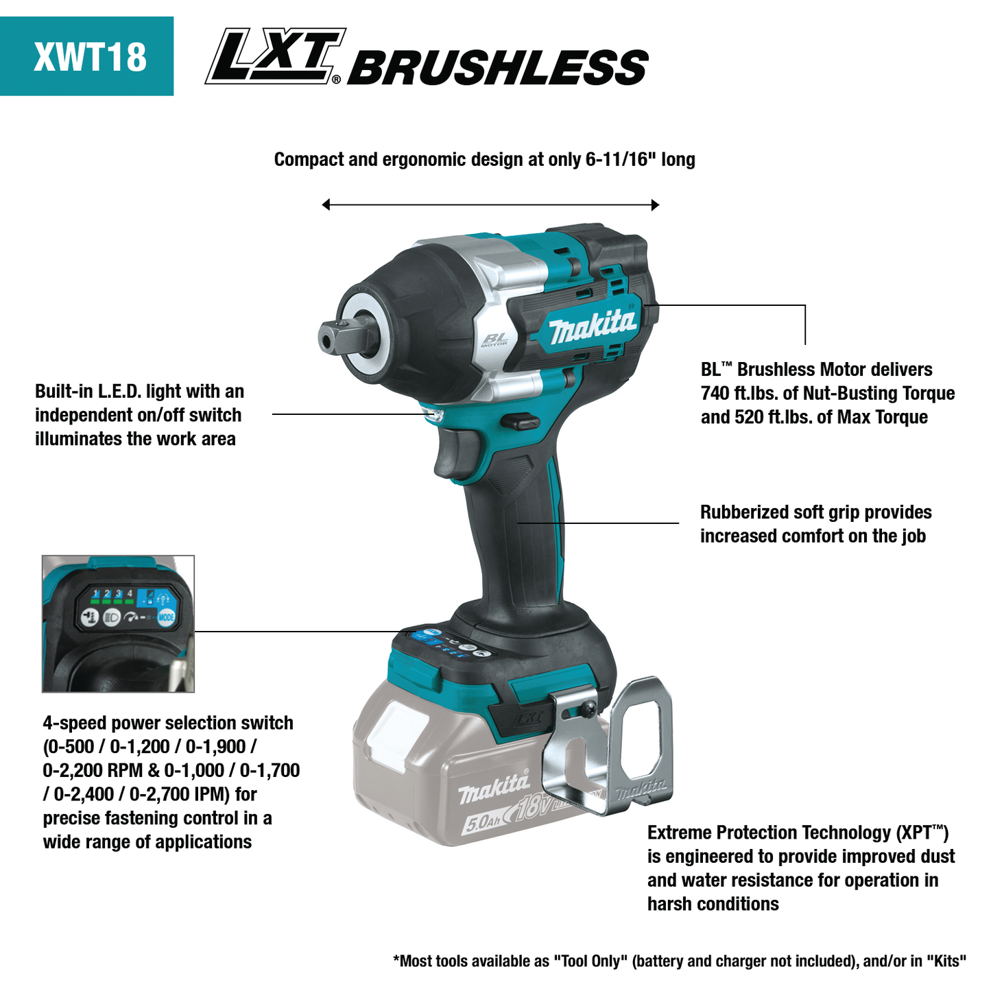 Makita XWT18Z 18V LXT® Lithium‘Ion Brushless Cordless 4‘Speed Mid‘Torque 1/2" Sq. Drive Impact Wrench w/ Detent Anvil, Tool Only