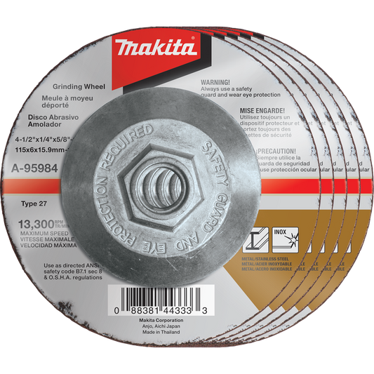 Makita A-95984-5 4‘1/2" x 1/4" x 5/8‘11" INOX Grinding Wheel, 36 Grit, 5/pk