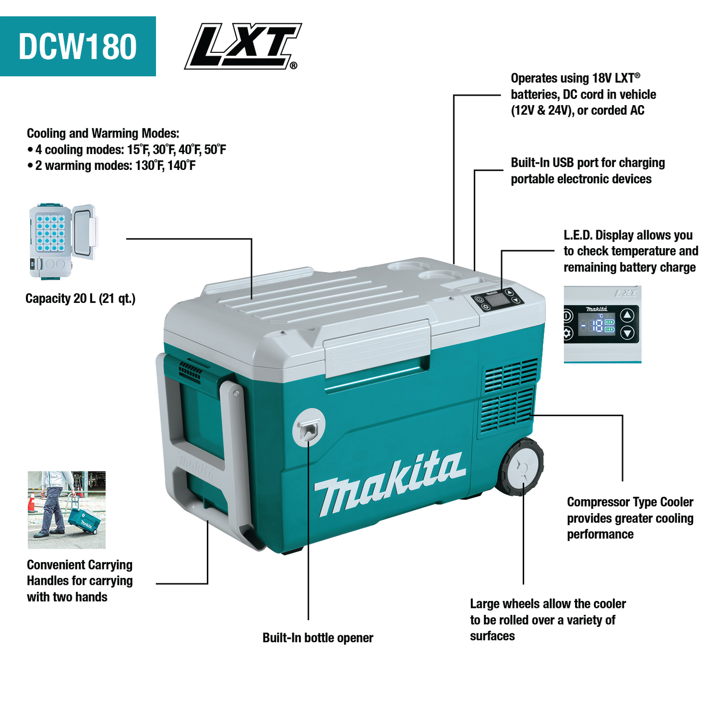 Makita DCW180Z 18V X2 LXT® Lithium‘Ion, 12V/24V DC Auto, and AC Cooler/Warmer, Tool Only