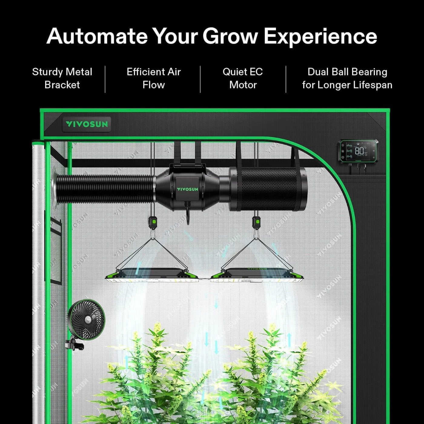 Vivosun AeroZesh G4 Inline Fan 4' with E42A Temp. Humidity WiFi Controller, PWM-Controlled EC Fan for Grow Tent Ventilation