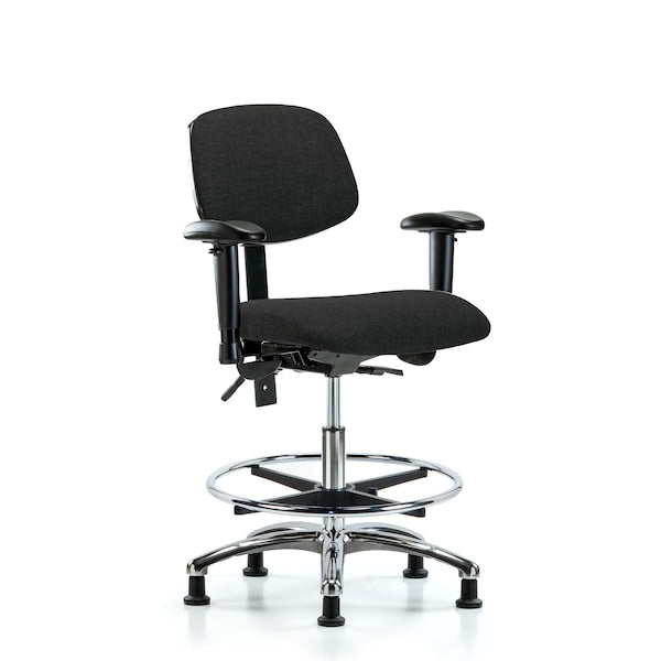 Blue Ridge Ergonomics FMBCH-CR-T0-A1-CF-RG-F42 Rutledge Fabric Chair Chrome - Medium Bench Height with Adjustable Arms, Chrome Foot Ring, & Stationary Glides in Black Fabric