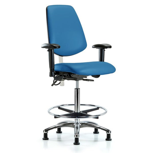 Blue Ridge Ergonomics NECR-VHBCH-MB-CR-T1-A1-CF-EG-ESDBLU CL100 Vinyl Clean Room/ESD Chair - High Bench Height with Medium Back, Seat Tilt, Adjustable Arms, Chrome Foot Ring, & ESD Stationary Glides in Blue ESD Vinyl