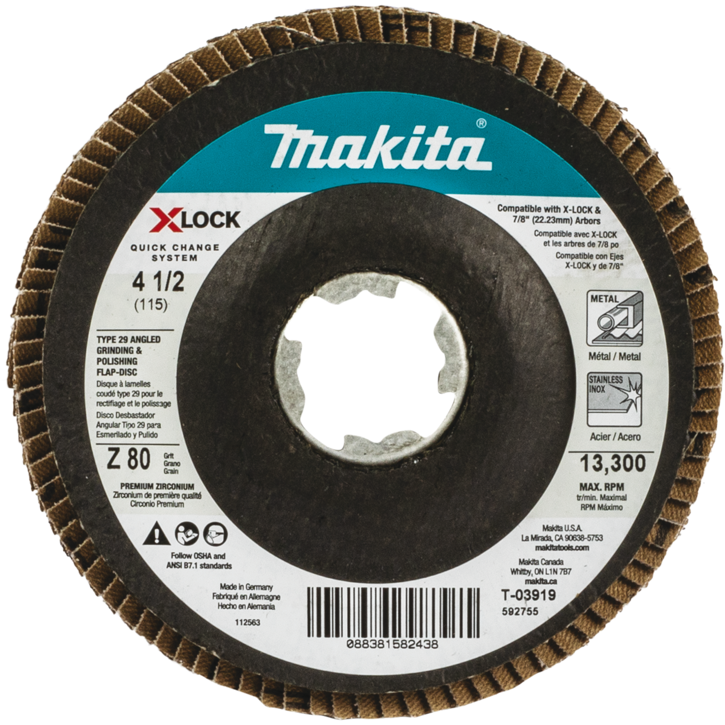 Makita T-03919 X‘LOCK 4‘1/2" 80 Grit Type 29 Angled Grinding and Polishing Flap Disc for X‘LOCK and All 7/8" Arbor Grinders