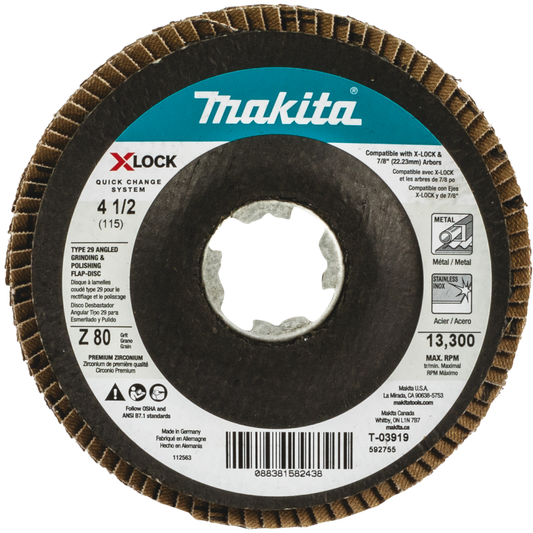 Makita T-03919 X‘LOCK 4‘1/2" 80 Grit Type 29 Angled Grinding and Polishing Flap Disc for X‘LOCK and All 7/8" Arbor Grinders