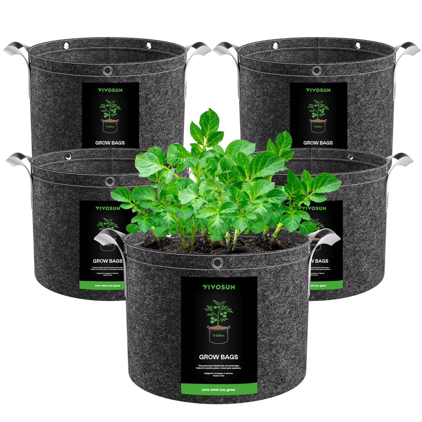 Vivosun 5 Gallon Grow Bags 5-Pack Black Thickened Nonwoven Fabric Pots with Handles, Multi-Purpose Rings