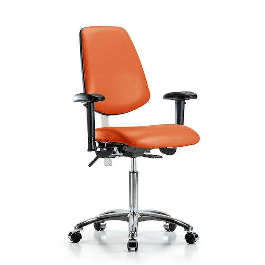Blue Ridge Ergonomics NCR-VMBCH-MB-CR-T0-A1-NF-CC-8613 Class 100 Vinyl Clean Room Chair - Medium Bench Height with Medium Back, Adjustable Arms, & Casters in Orange Kist Trailblazer™ Vinyl