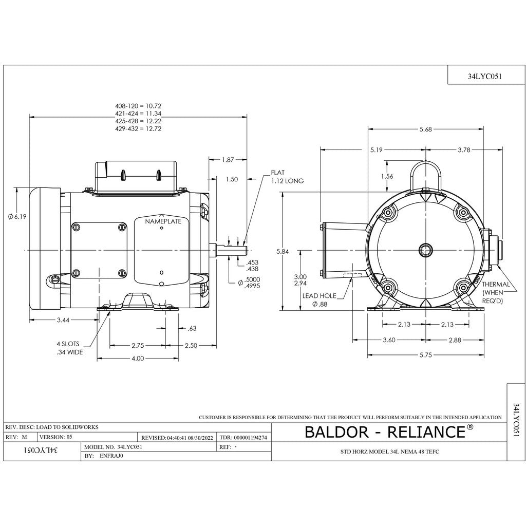 Baldor L3403M .25HP, 1725RPM, 1PH, 60HZ, 48, 3411L, TEFC, F1