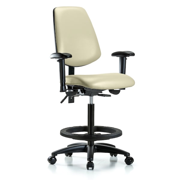 Blue Ridge Ergonomics VHBCH-MB-RG-T1-A1-BF-RC-8501 Rutledge Vinyl Chair - High Bench Height with Medium Back, Seat Tilt, Adjustable Arms, Black Foot Ring, & Casters in Adobe White Trailblazer™ Vinyl