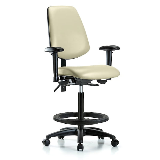 Blue Ridge Ergonomics VHBCH-MB-RG-T1-A1-BF-RC-8501 Rutledge Vinyl Chair - High Bench Height with Medium Back, Seat Tilt, Adjustable Arms, Black Foot Ring, & Casters in Adobe White Trailblazer™ Vinyl