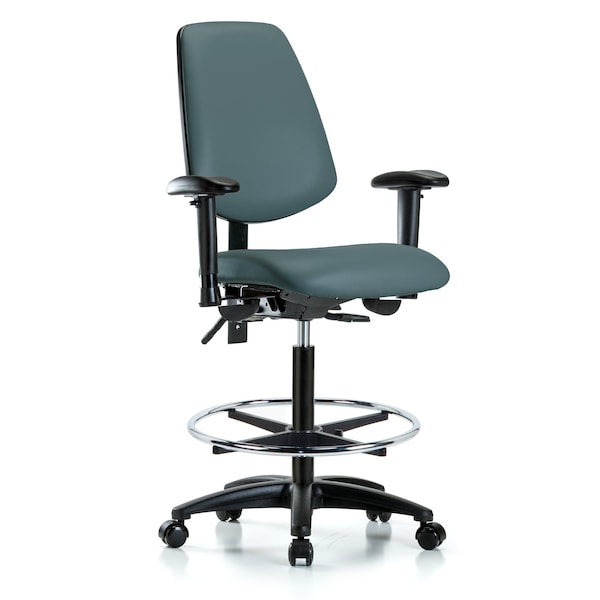 Blue Ridge Ergonomics VHBCH-MB-RG-T0-A1-CF-RC-8546 Rutledge Vinyl Chair - High Bench Height with Medium Back, Adjustable Arms, Chrome Foot Ring, & Casters in Colonial Blue Trailblazer™ Vinyl