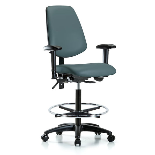 Blue Ridge Ergonomics VHBCH-MB-RG-T0-A1-CF-RC-8546 Rutledge Vinyl Chair - High Bench Height with Medium Back, Adjustable Arms, Chrome Foot Ring, & Casters in Colonial Blue Trailblazer™ Vinyl