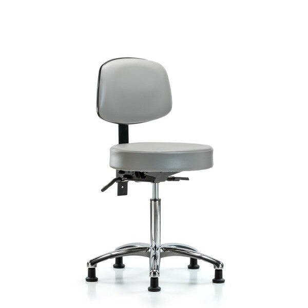 Blue Ridge Ergonomics VMBST-CR-T0-NF-RG-8567 Rutledge Vinyl Stool with Back Chrome - Medium Bench Height with Stationary Glides in Dove Trailblazer™ Vinyl
