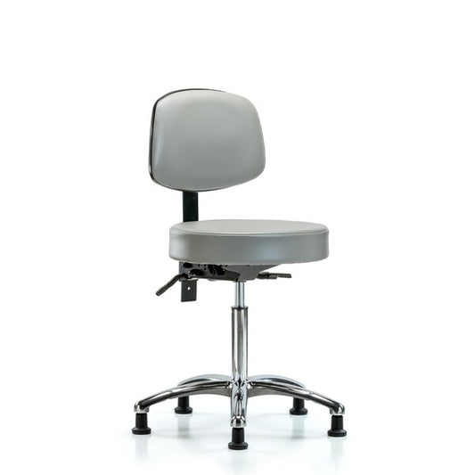Blue Ridge Ergonomics VMBST-CR-T0-NF-RG-8567 Rutledge Vinyl Stool with Back Chrome - Medium Bench Height with Stationary Glides in Dove Trailblazer™ Vinyl