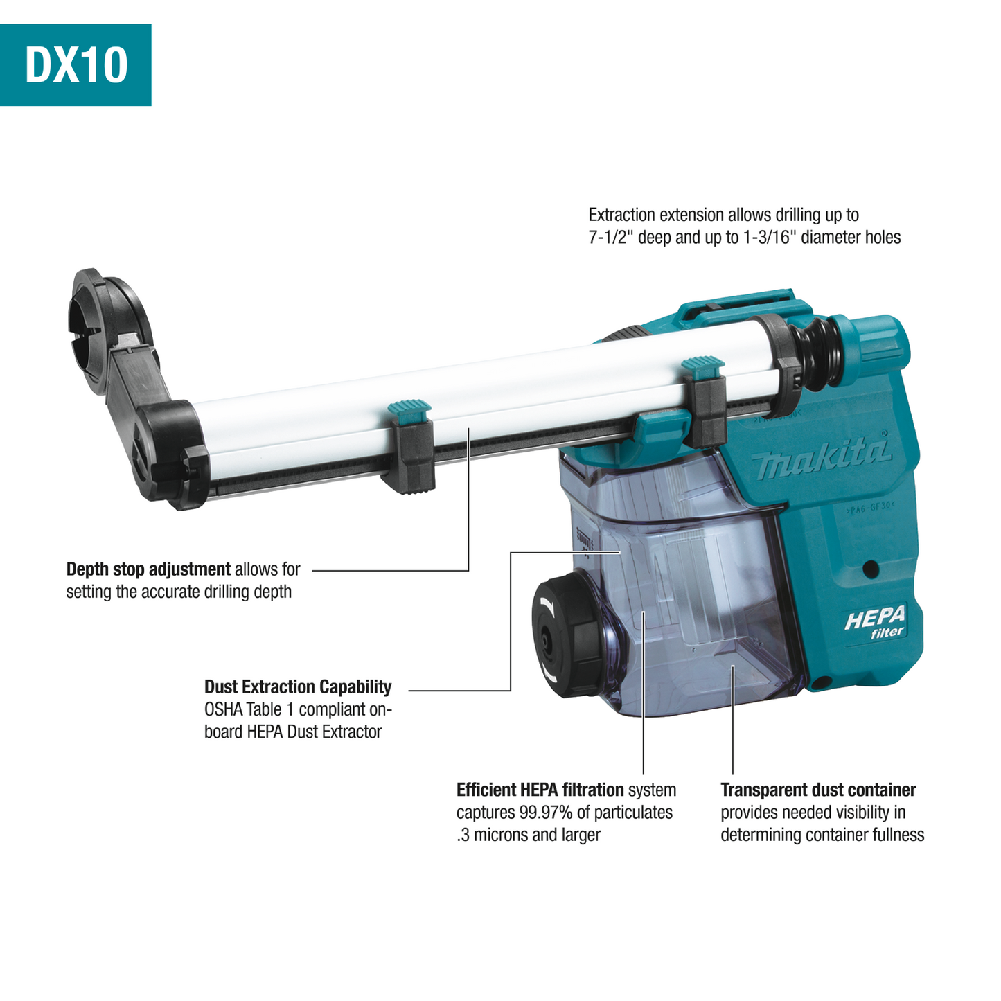 Makita DX10 Dust Extractor Attachment with HEPA Filter Cleaning Mechanism