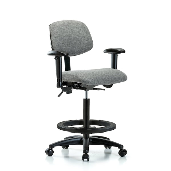 Blue Ridge Ergonomics FHBCH-RG-T0-A1-BF-RC-F44 Rutledge Fabric Chair - High Bench Height with Adjustable Arms, Black Foot Ring, & Casters in Gray Fabric