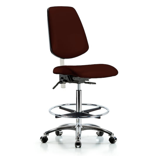 Blue Ridge Ergonomics NCR-VHBCH-MB-CR-T1-A0-CF-CC-8569 Class 100 Vinyl Clean Room Chair - High Bench Height with Medium Back, Seat Tilt, Chrome Foot Ring, & Casters in Burgundy Trailblazer™ Vinyl