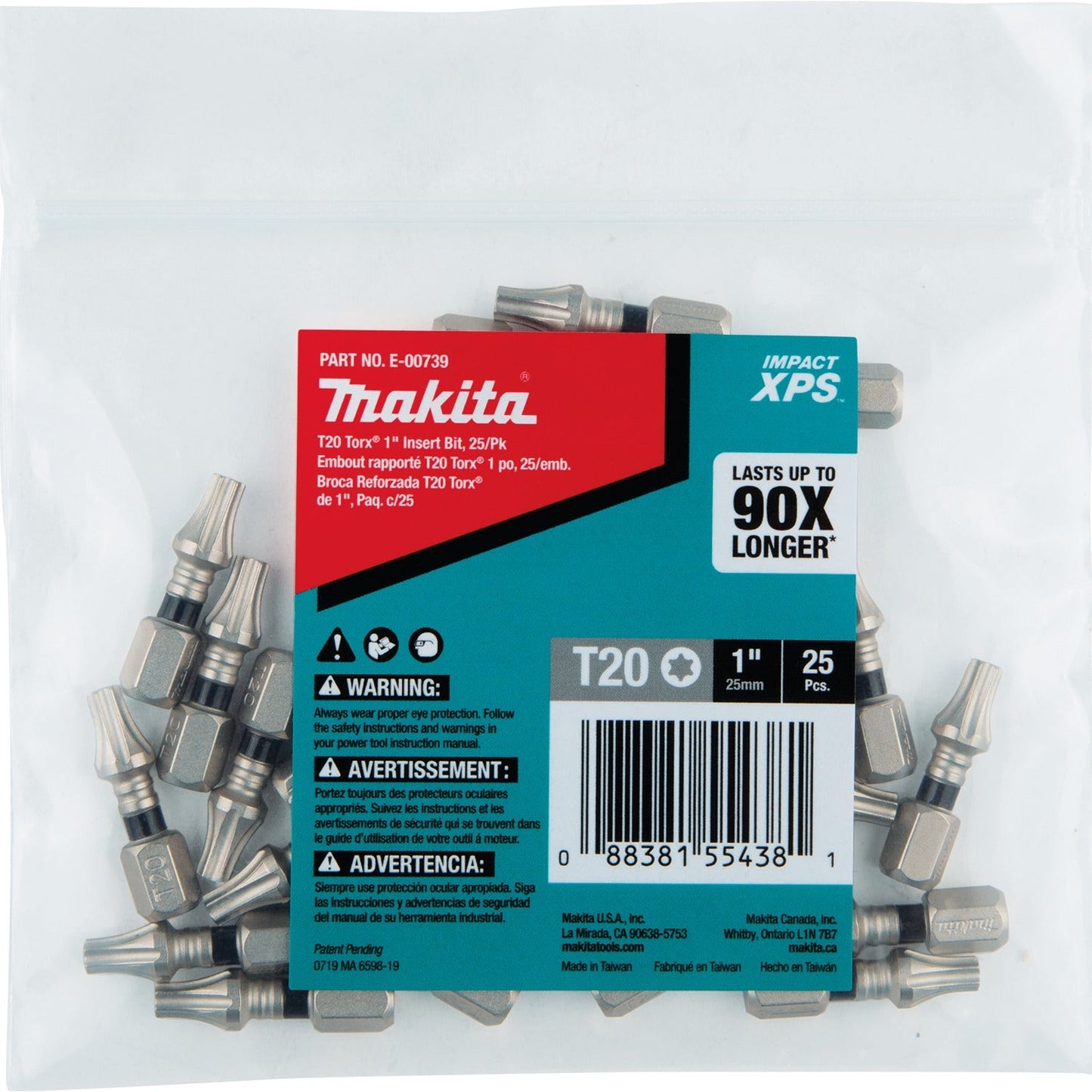 Makita E-00739 Impact XPS® T20 Torx 1" Insert Bit, 25/pk, Bulk