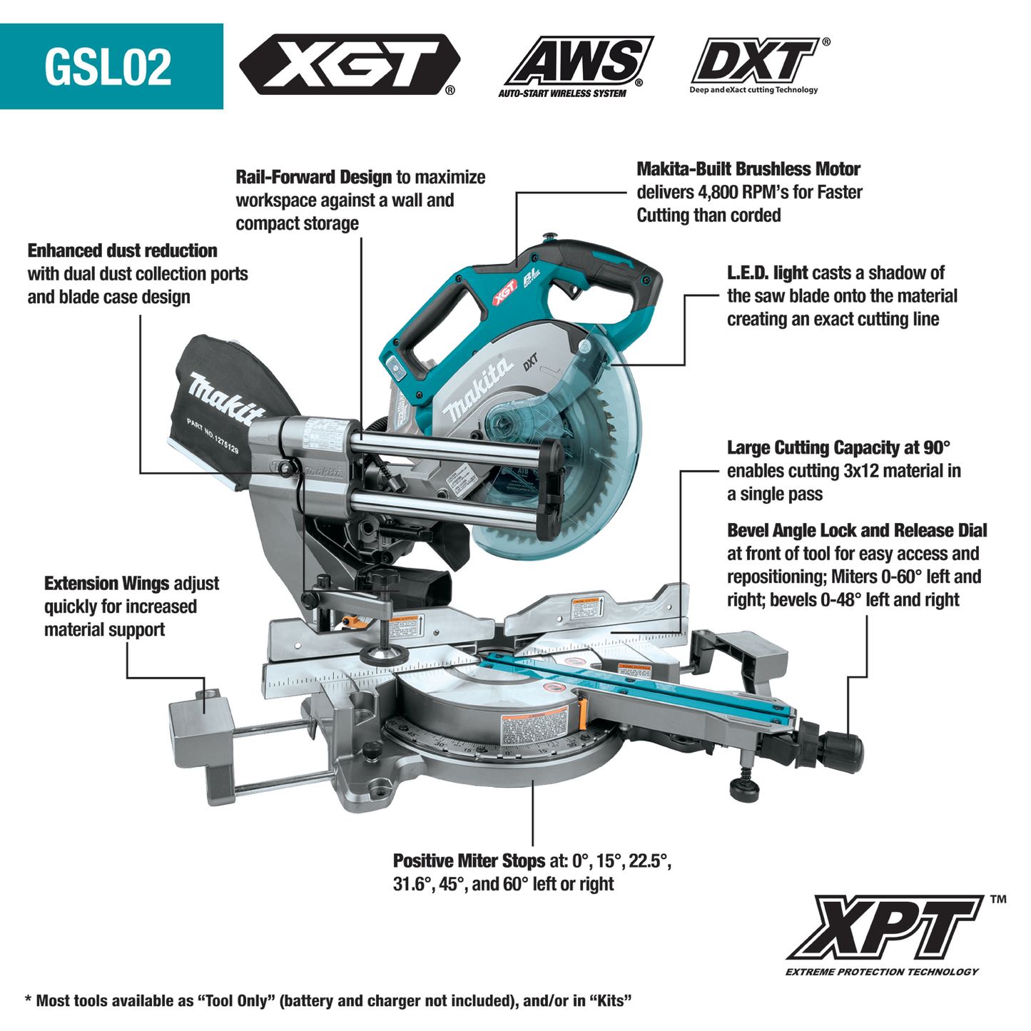 Makita GSL02M1 40V max XGT® Brushless Cordless 8‘1/2" Dual‘Bevel Sliding Compound Miter Saw Kit, AWS® Capable (4.0Ah)