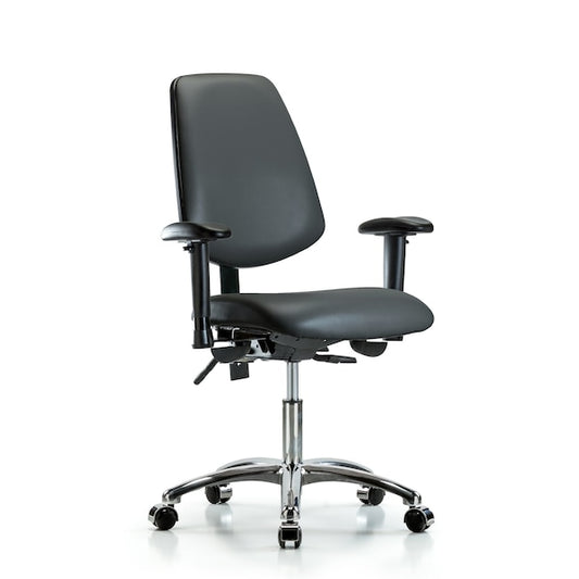 Blue Ridge Ergonomics VDHCH-MB-CR-T1-A1-CC-8823 Rutledge Vinyl Chair Chrome - Desk Height with Medium Back, Seat Tilt, Adjustable Arms, & Casters in Carbon Supernova™ Vinyl