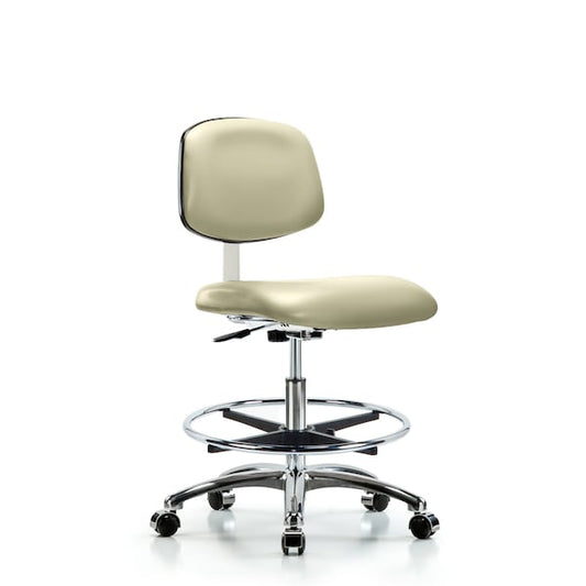 Blue Ridge Ergonomics CLR-VMBCH-CR-CF-CC-8501 Class 10 Clean Room Vinyl Chair Chrome - Medium Bench Height with Chrome Foot Ring & Casters in Adobe White Trailblazer™ Vinyl