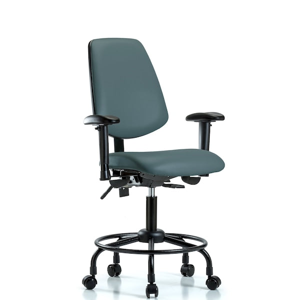 Blue Ridge Ergonomics VDHCH-MB-RT-T0-A1-RC-8546 Rutledge Vinyl Chair - Desk Height with Round Tube Base, Medium Back, Adjustable Arms, & Casters in Colonial Blue Trailblazer™ Vinyl