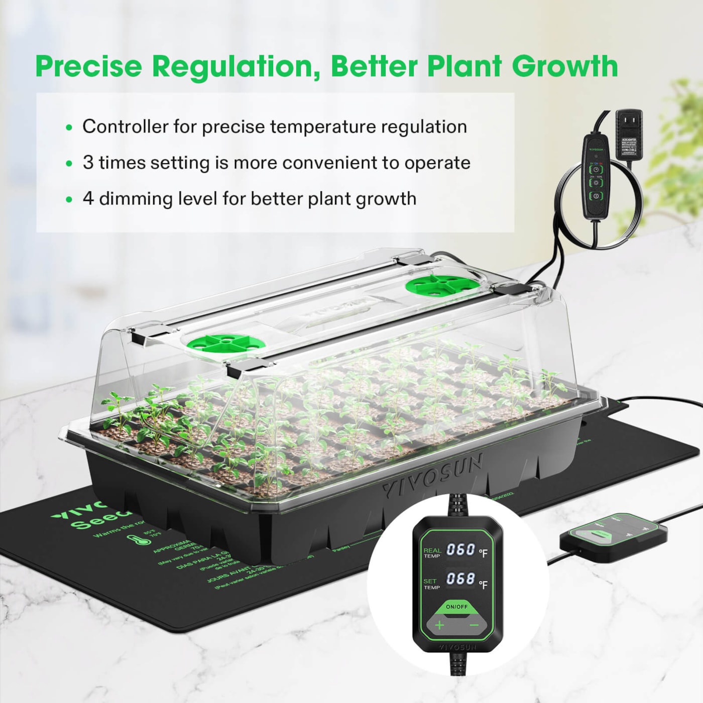 Vivosun 6-Pack 240-Cell Seed Starter Trays with 2 Set of LED Lights, and 2-Pack 10"x20.75" Seedling Heat Mat