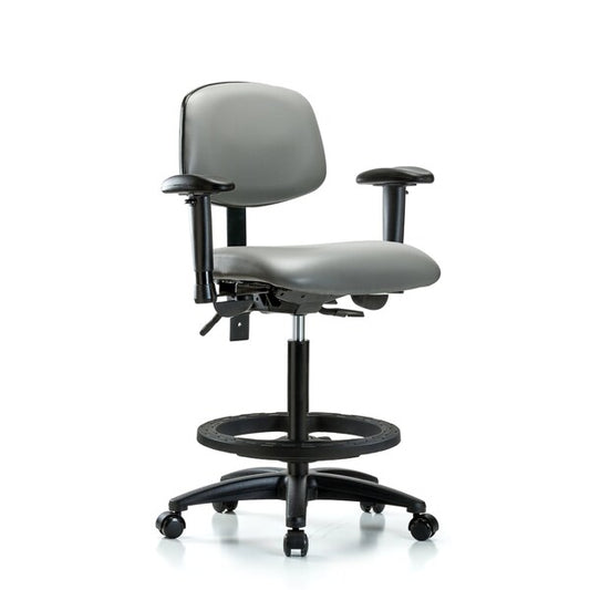 Blue Ridge Ergonomics VHBCH-RG-T1-A1-BF-RC-8840 Rutledge Vinyl Chair - High Bench Height with Seat Tilt, Adjustable Arms, Black Foot Ring, & Casters in Sterling Supernova™ Vinyl