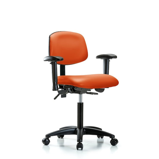 Blue Ridge Ergonomics VMBCH-RG-T1-A1-NF-RC-8613 Rutledge Vinyl Chair - Medium Bench Height with Seat Tilt, Adjustable Arms, & Casters in Orange Kist Trailblazer™ Vinyl