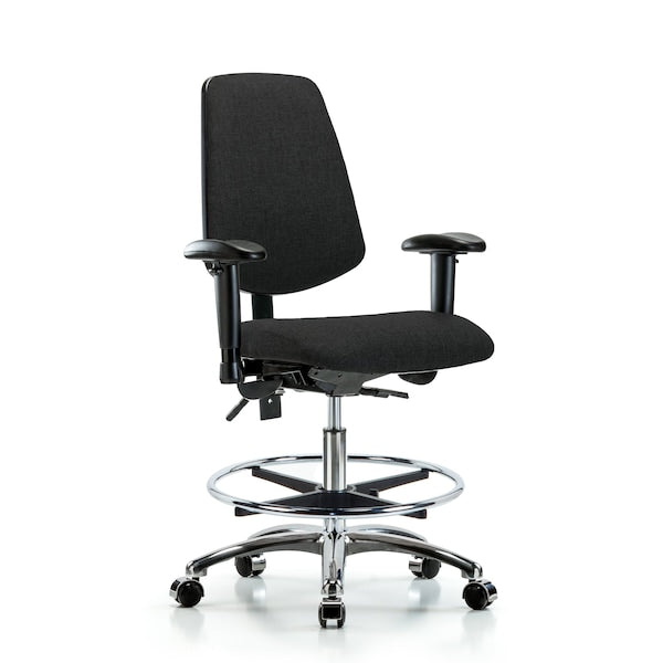 Blue Ridge Ergonomics FMBCH-MB-CR-T0-A1-CF-CC-F42 Rutledge Fabric Chair Chrome - Medium Bench Height with Medium Back, Adjustable Arms, Chrome Foot Ring, & Casters in Black Fabric