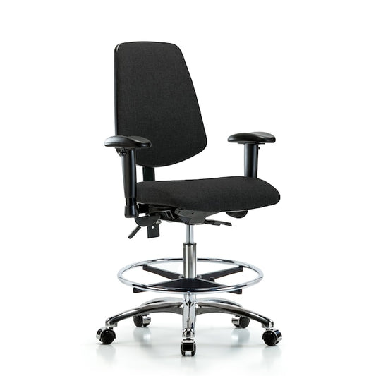 Blue Ridge Ergonomics FMBCH-MB-CR-T0-A1-CF-CC-F42 Rutledge Fabric Chair Chrome - Medium Bench Height with Medium Back, Adjustable Arms, Chrome Foot Ring, & Casters in Black Fabric