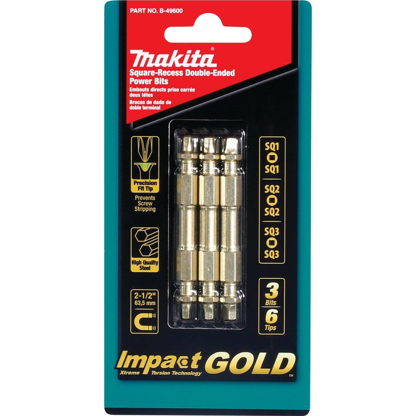 Makita B-49600 Impact GOLD® 3 Pc. Assorted (2‘1/2") Square Double‘Ended Power Bits