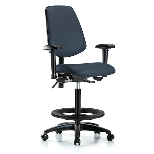 Blue Ridge Ergonomics VHBCH-RG-T1-A1-CF-RC-8582 Rutledge Vinyl Chair - High Bench Height with Seat Tilt, Adjustable Arms, Chrome Foot Ring, & Casters in Imperial Blue Trailblazer™ Vinyl