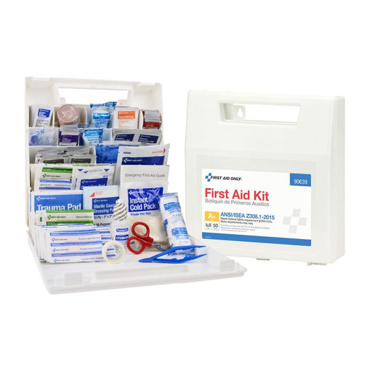 First Aid Only 90639 50 Person First Aid Kit, ANSI 2015 Class A+, Plastic Case with Dividers