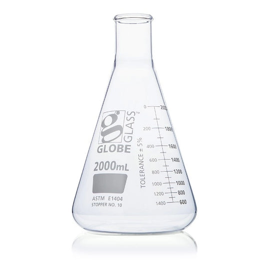 Globe Scientific 8402000 Flask Erlenmeyer Globe Glass 2000mL Narrow Mouth Dual Graduations ASTM E1404 4/Box
