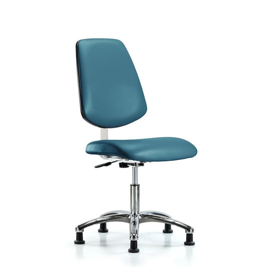 Blue Ridge Ergonomics CLR-VDHCH-MB-CR-RG-8801 Class 10 Clean Room Vinyl Chair Chrome - Desk Height with Medium Back & Stationary Glides in Marine Blue Supernova™ Vinyl