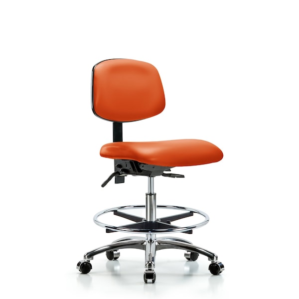 Blue Ridge Ergonomics VMBCH-CR-T0-A0-CF-CC-8613 Rutledge Vinyl Chair Chrome - Medium Bench Height with Chrome Foot Ring & Casters in Orange Kist Trailblazer™ Vinyl