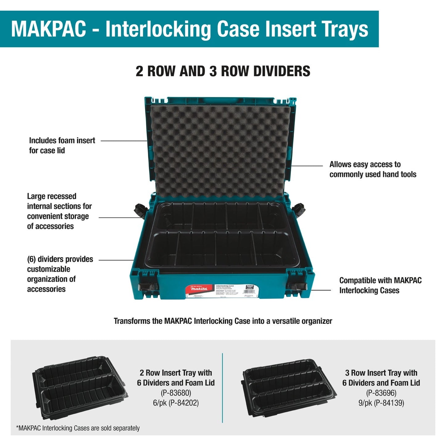 Makita P-84202 MAKPAC Interlocking Case 2 Row Insert Tray Dividers, 6/pk