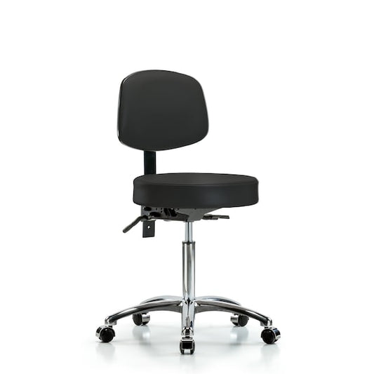 Blue Ridge Ergonomics VMBST-CR-T1-NF-CC-8540 Rutledge Vinyl Stool with Back Chrome - Medium Bench Height with Seat Tilt & Casters in Black Trailblazer™ Vinyl