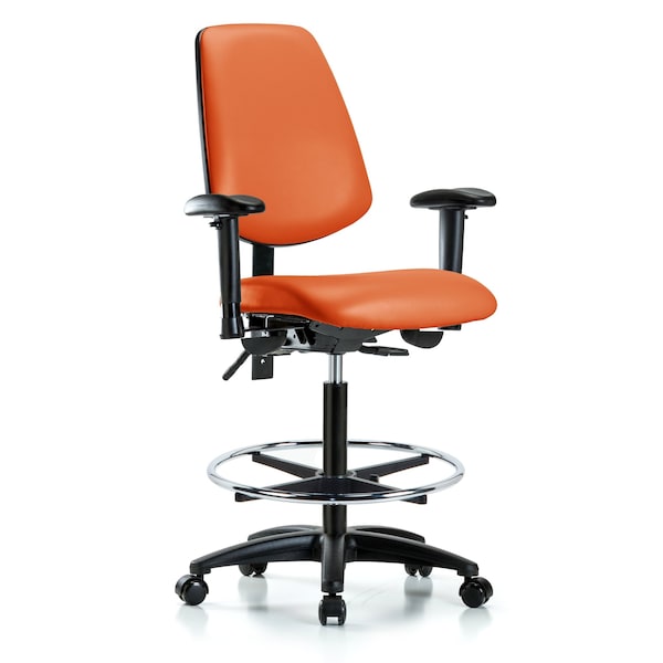 Blue Ridge Ergonomics VHBCH-MB-RG-T0-A1-CF-RC-8613 Rutledge Vinyl Chair - High Bench Height with Medium Back, Adjustable Arms, Chrome Foot Ring, & Casters in Orange Kist Trailblazer™ Vinyl