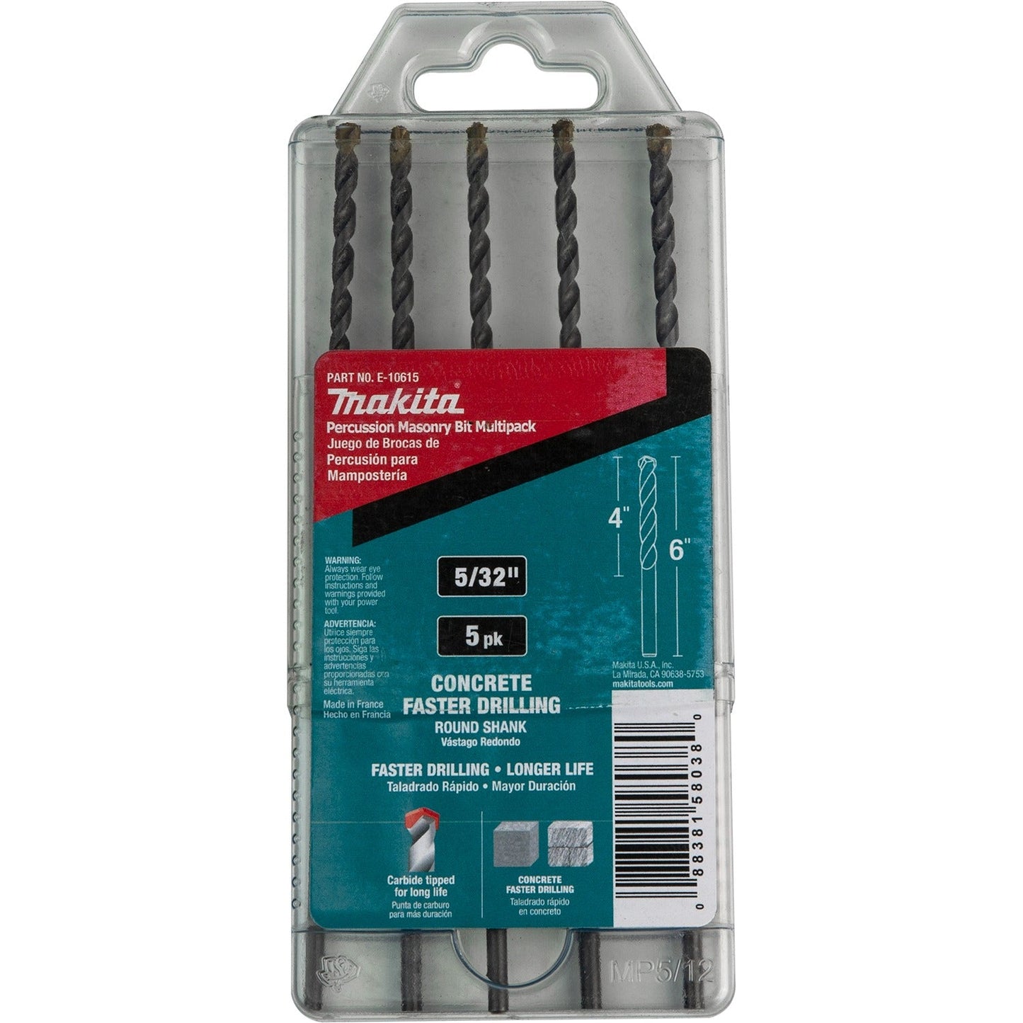 Makita E-10615 5/32" x 6" Carbide Tipped Percussion Masonry Hammer Drill Bits, 5/pk