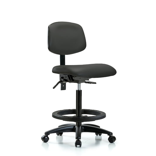 Blue Ridge Ergonomics VHBCH-RG-T0-A0-BF-RC-8605 Rutledge Vinyl Chair - High Bench Height with Black Foot Ring & Casters in Charcoal Trailblazer™ Vinyl