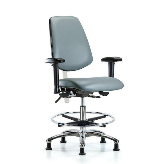 Blue Ridge Ergonomics NCR-VMBCH-MB-CR-T1-A1-CF-RG-8822 CL100 Vinyl Clean Room Chair - Medium Bench Height with Medium Back, Seat Tilt, Adjustable Arms, Chrome Foot Ring, & Stationary Glides in Storm Supernova™ Vinyl