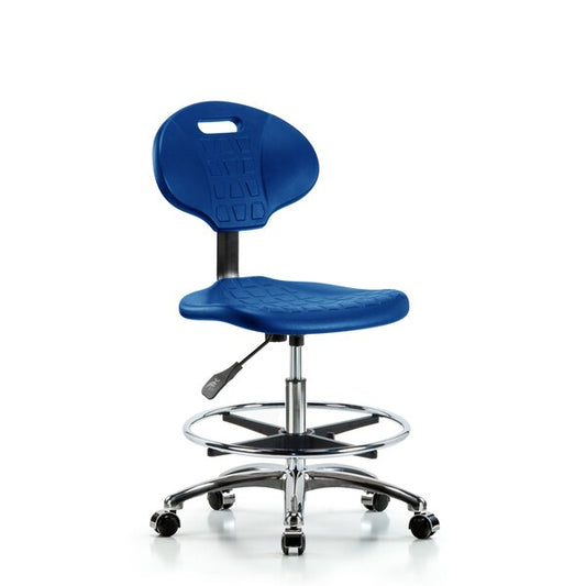 Blue Ridge Ergonomics TPMBCH-CR-A0-CF-CC-BLU Erie Polyurethane Chair Chrome - Medium Bench Height with Chrome Foot Ring & Chrome Casters in Blue Polyurethane