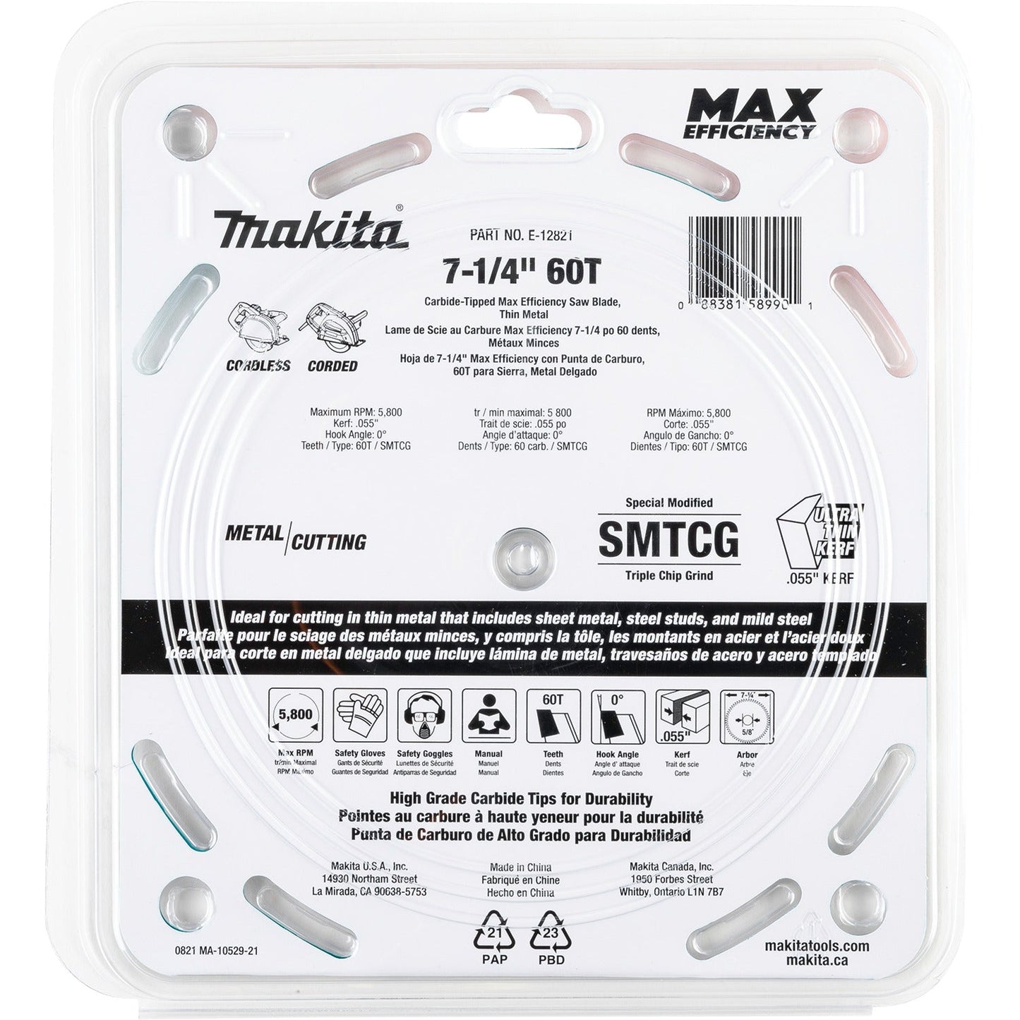 Makita E-12821 7‘1/4" 60T Carbide‘Tipped Max Efficiency Saw Blade, Metal/Stainless Steel