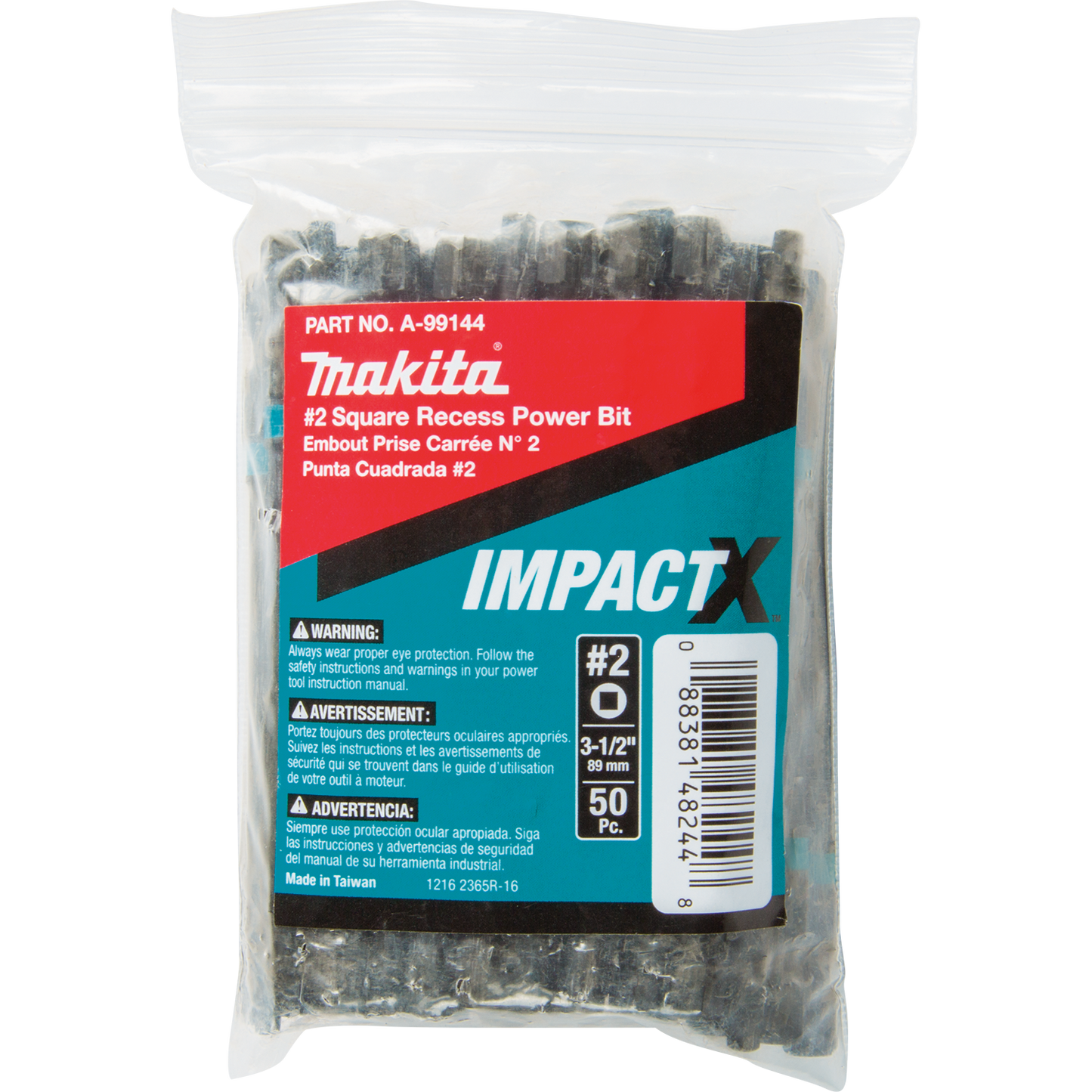 Makita A-99144 ImpactX, #2 Square Recess 3‘1/2³ Power Bit, 50/pk, Bulk