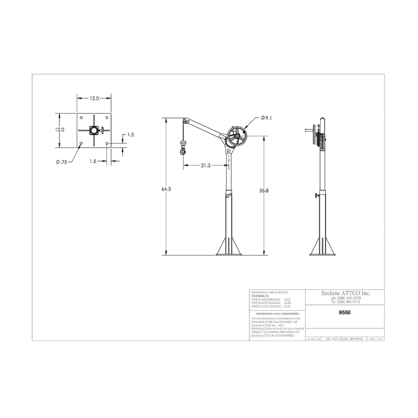 Sky Hook 9550.42 1/4 Ton Load Capacity, 100" Maximum Lift Distance, 1.5" Per Handwheel Revolution Lift Speed Hoist