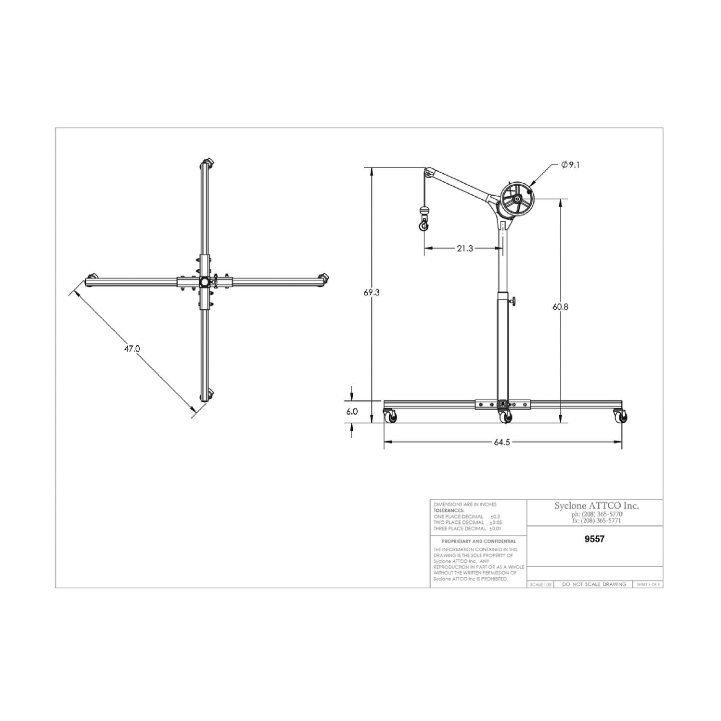 Sky Hook 9557 1/4 Ton Load Capacity, 100" Maximum Lift Distance, 1.5" Per Handwheel Revolution Lift Speed Hoist